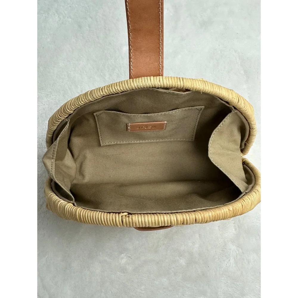 J.Crew Clutch Women OS Tan Woven Fan Rattan Leather Trim Half Moon
